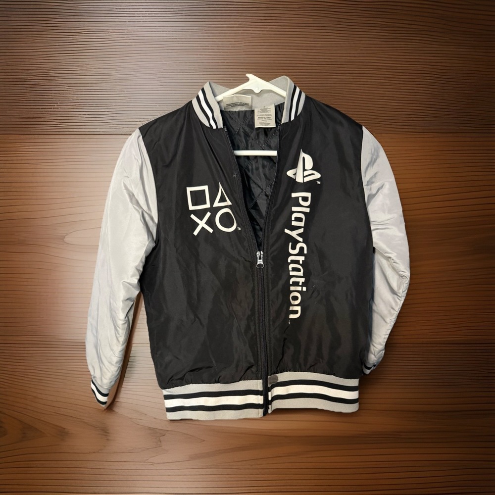 PlayStation Bomber Jacket Youth Size 8 Black Gray Gaming Logo Coat